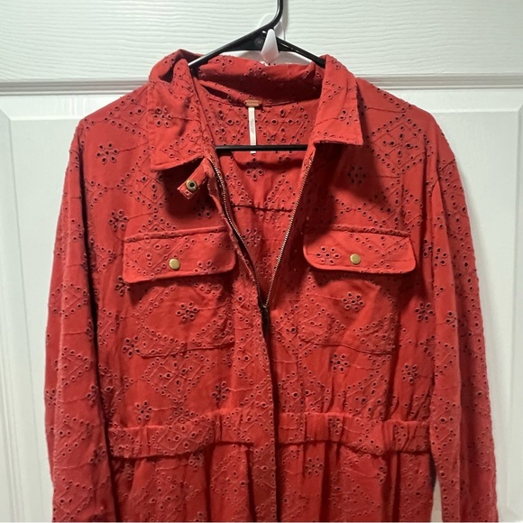 Free People Set the Tone Eyelet Jumpsuit Rust Embroidered Full Zip Fitted Red 8 - Picture 8 of 12